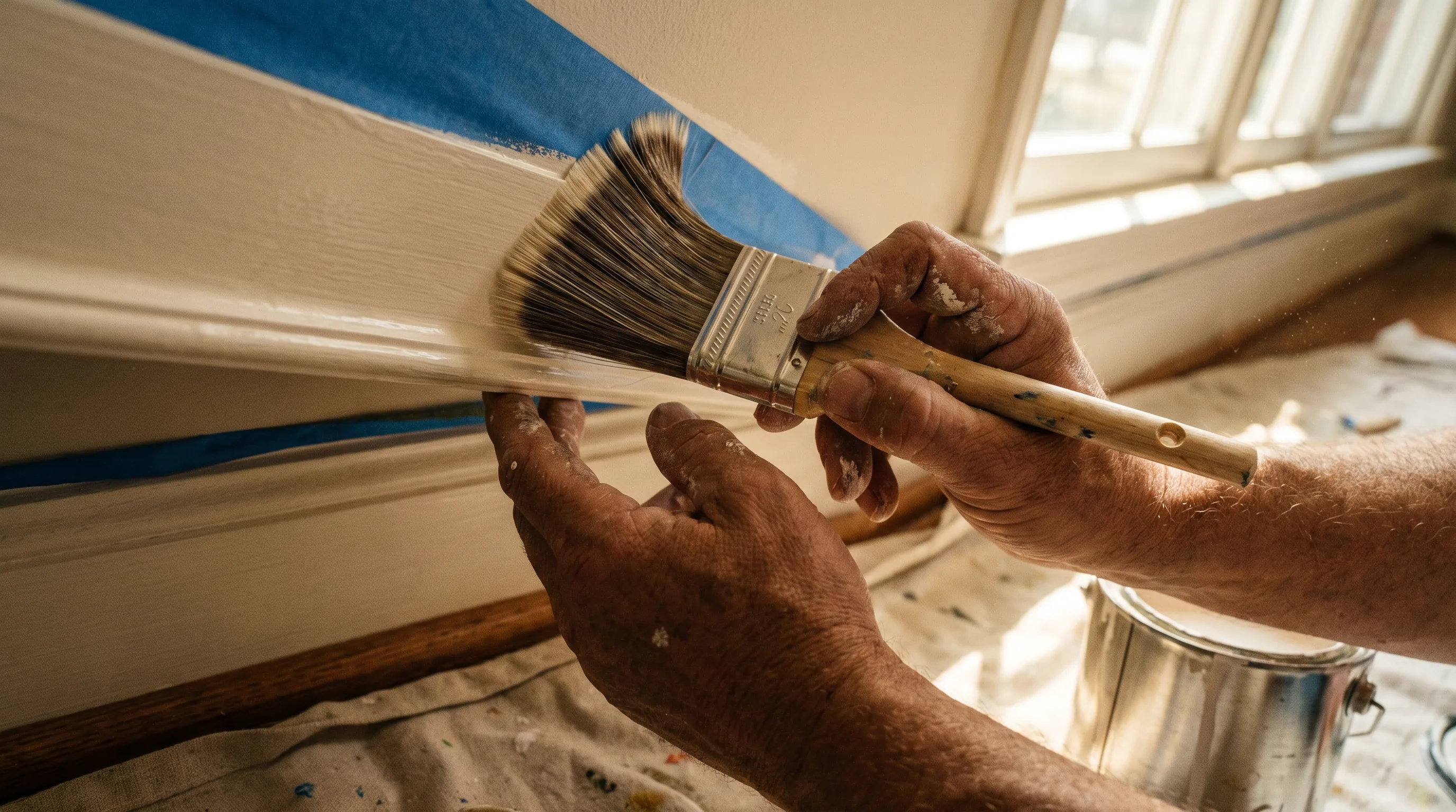 Professional painter carefully cutting in paint along a ceiling line with precision