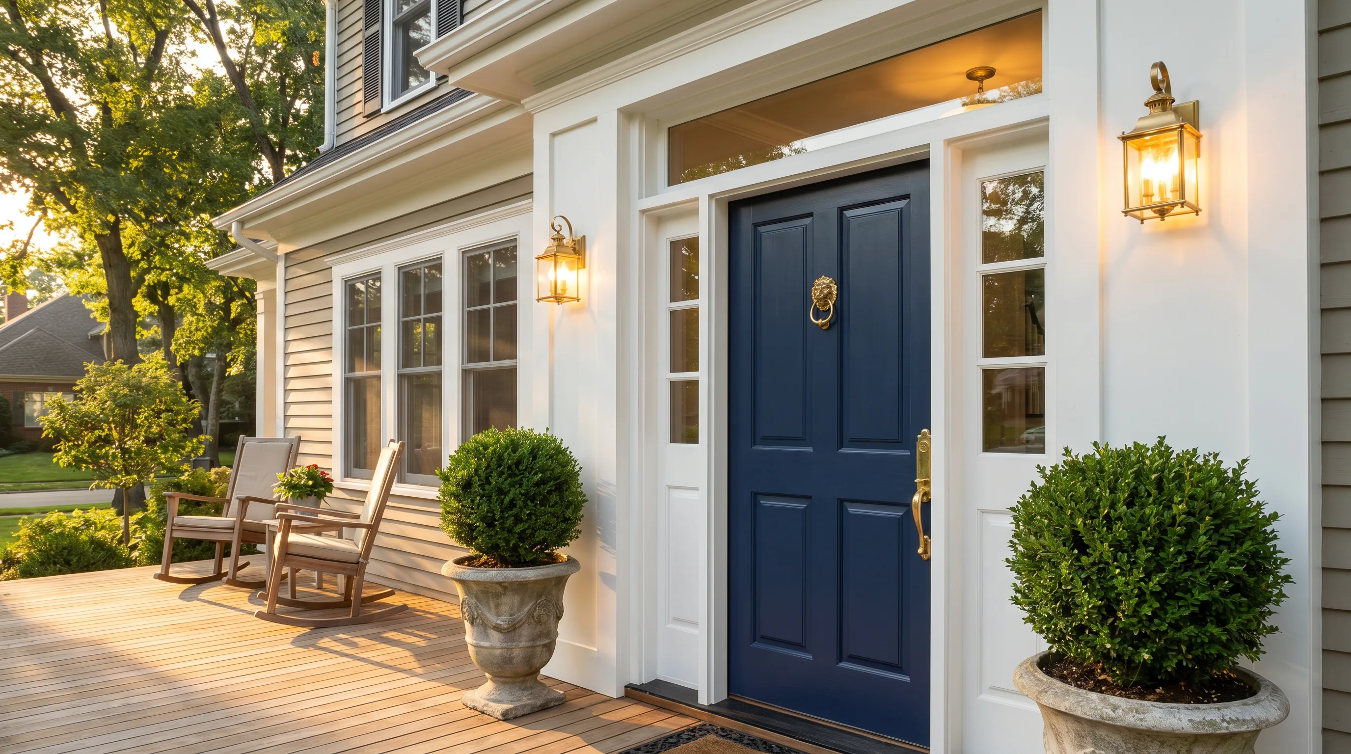 Welcoming front porch of an upscale home with freshly painted navy blue front door